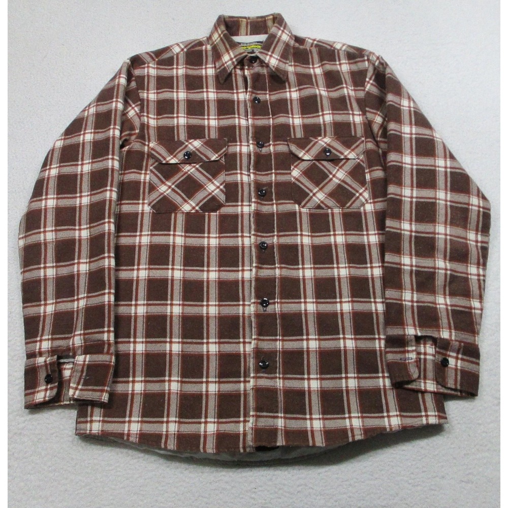 VTG 70's Sears Sportswear Shirt Mens Medium Tall Brown Plaid Quilted Flannel